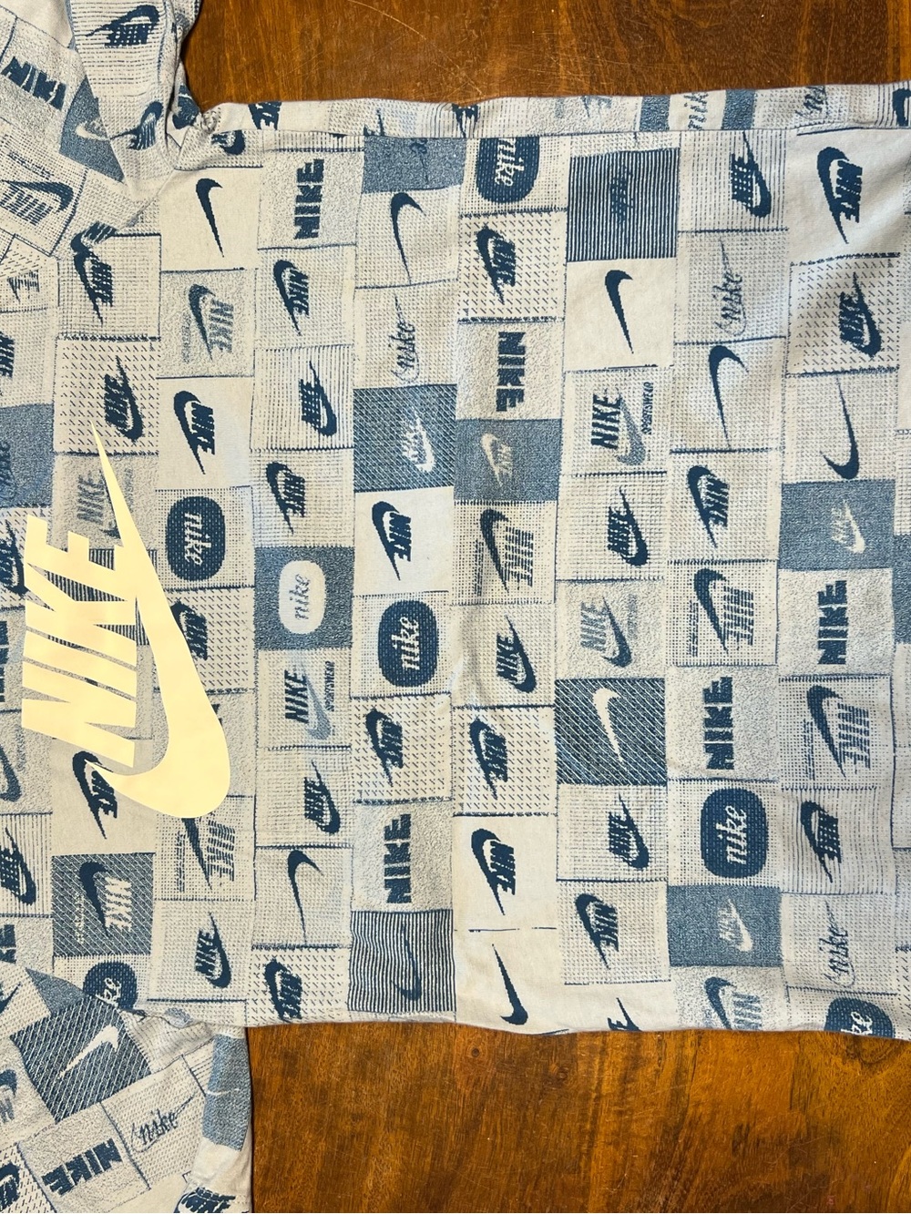 Nike Logo Patchwork T-shirt in Light Blue and Navy with White Swoosh